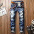 Newest Men's Ripped Patchwork Jeans Mid Waisted Straight Pants